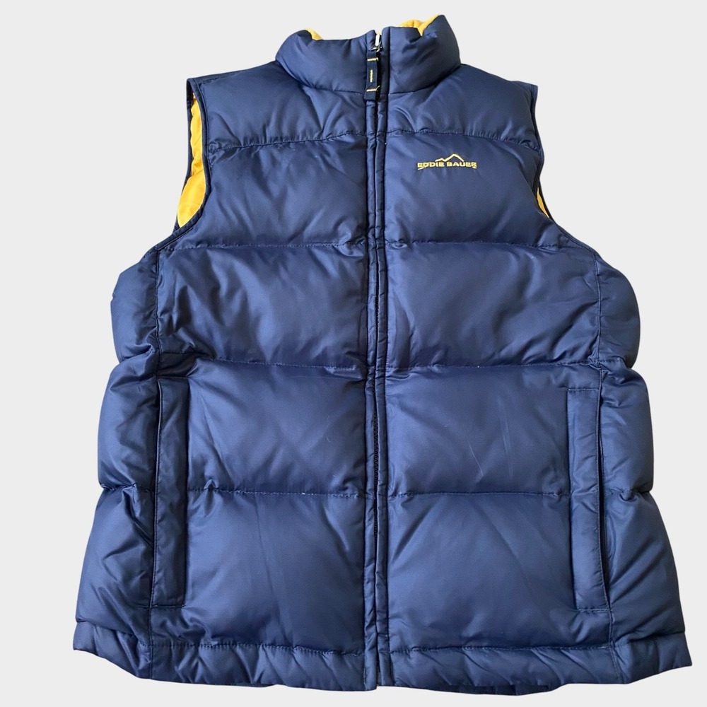 Eddie Bauer Down Puffer Vest Jacket Kids Size XL/14 Navy Yellow Winter Layer